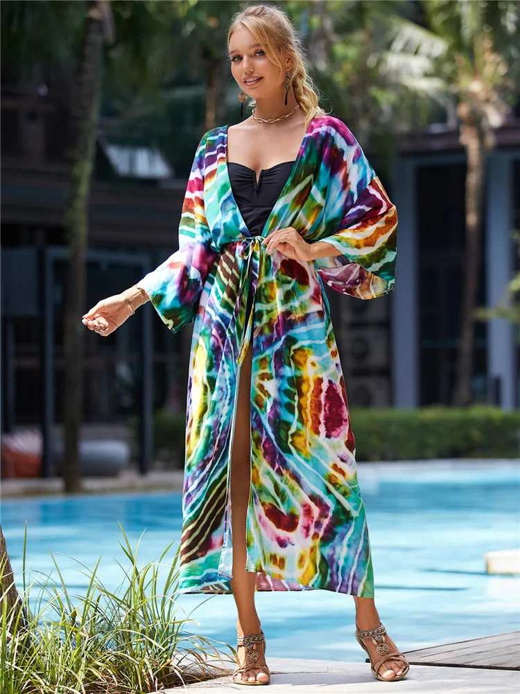 2023 Bohemian Swimsuit Cover Up Retro Stripe Self Belted Women Summer Clothes Long Kimono Dress Beachwear Bikini Cover-ups Q1521 4