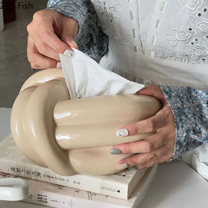 Ceramic Tissue Box Twisted Knot Tissue Box Paper Extractor Porcelain Paper Towel Case Napkin Holder Modern Home Decoration 3