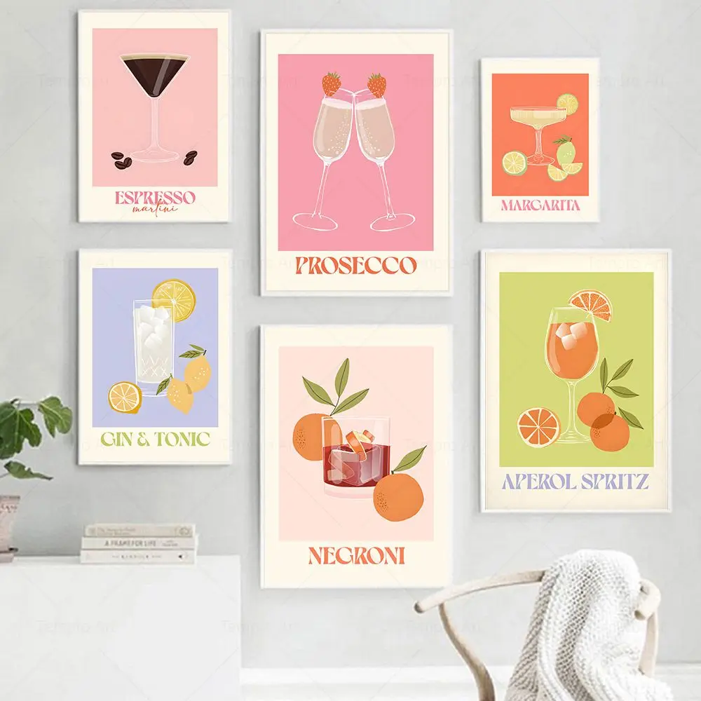 Cartoon Fruit Juice Prosecco Aperol Spritz Poster E Stampe Sangria Drink Negri Espresso Canvas Painting Club Bar Home Decor