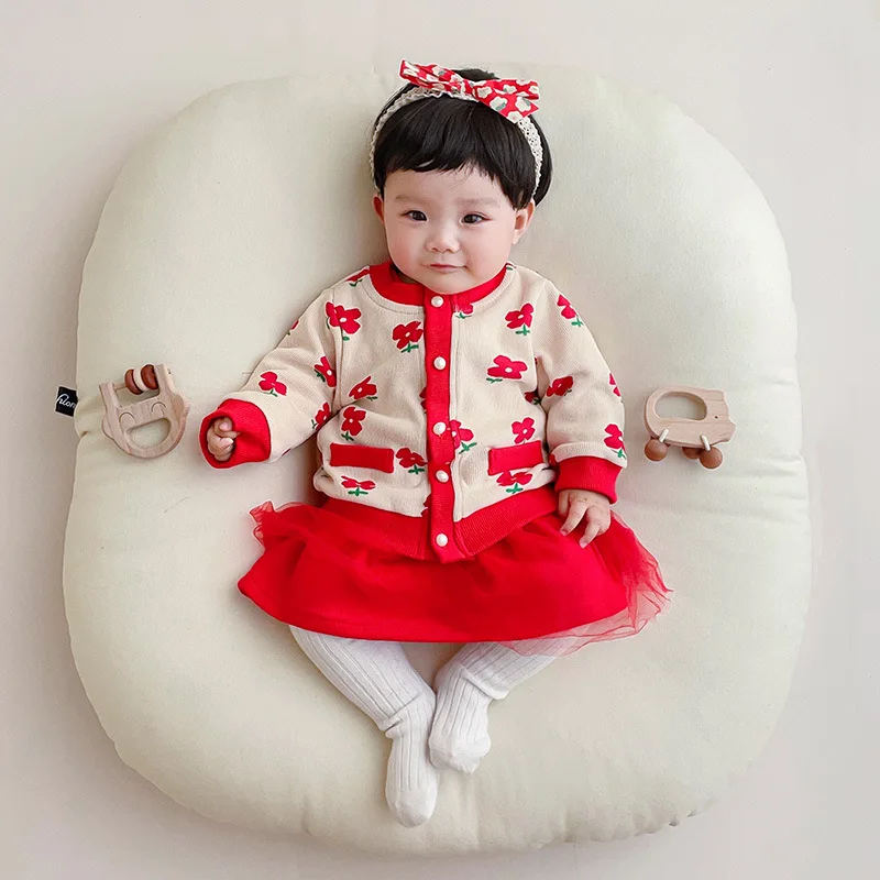 

Spring Autumn 2024 Korean Infant Girls 2PCS Long Sleeve Flower Print Newborn Girls Cardigan Gauze Fashion Soft Baby Girls Romper