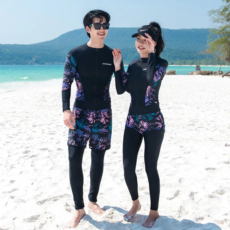 Unisex 3-5 Piece Rash Guard Swimsuit Set Long Sleeve Zipper Bathing Suit Wetsuit Beachwear Tankini Tracksuit with Boy Shorts