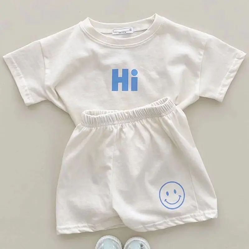 baby clothes set gift Summer New Baby Short Sleeve Suit Boy Baby Smiling Face Hit Shirt + Shorts Home Two-piece Set Girl Baby Cotton Sportswear Baby Baby Clothing Set comfotable Baby Clothing Set