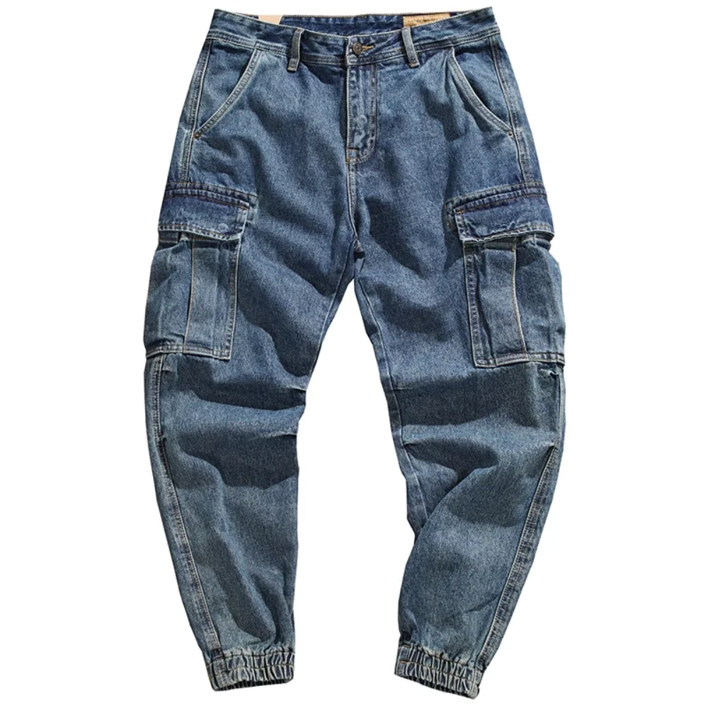 

Heavy casual bunched jeans men's autumn and winter fashion loose bunched mouth multi-pocket cargo wash pants