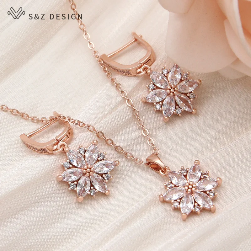 S&Z DESIGN New Fashion 585 Rose Gold Color Flower Dangle Earrings For Women Wedding Party Jewelry Cubic Zirconia Eardrop Gift