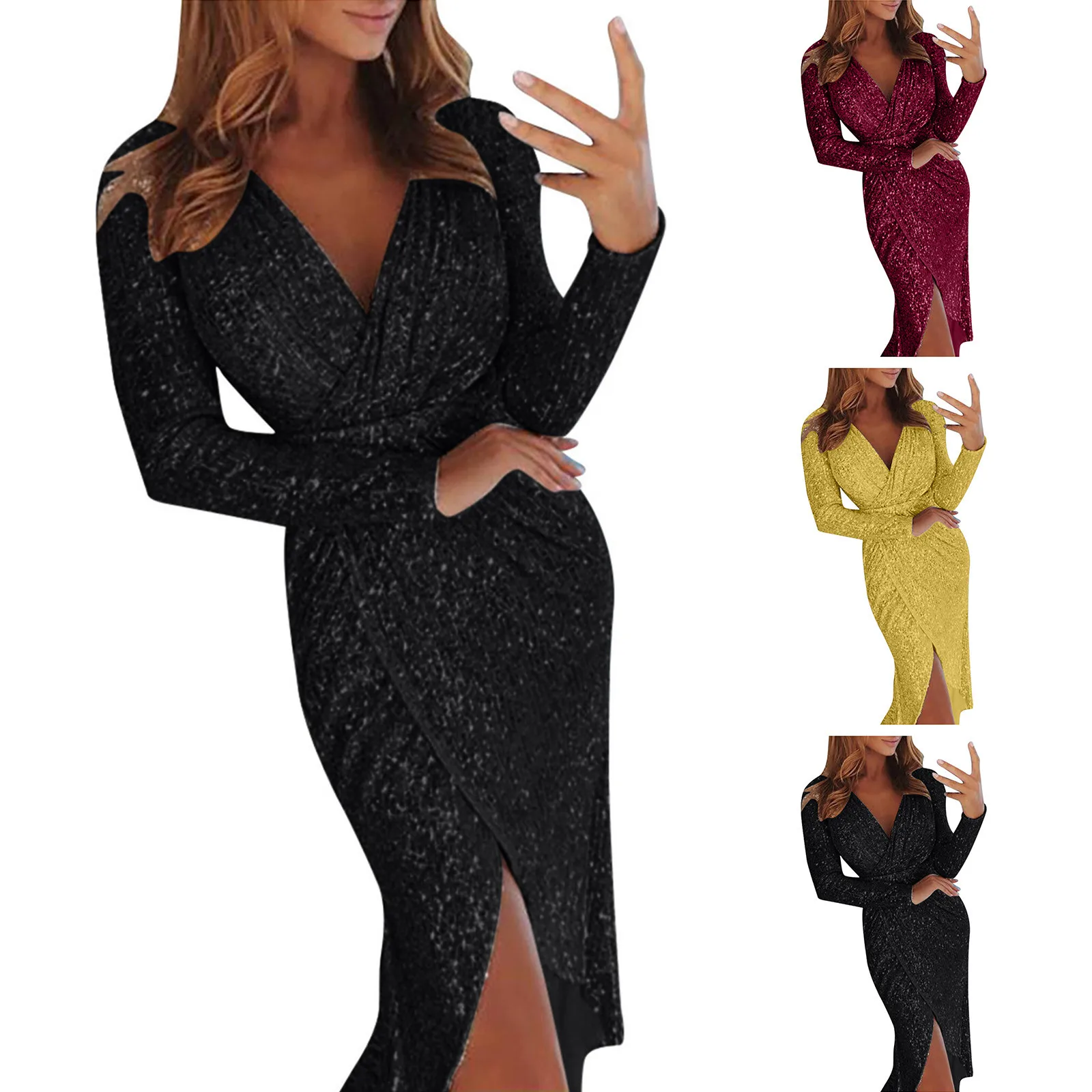 

Women Sexy Dress Deep V Sequins Wrap Ruched Long Sleeve Formal Dress Nightclub Sexy Elegant Dress Party Dresses