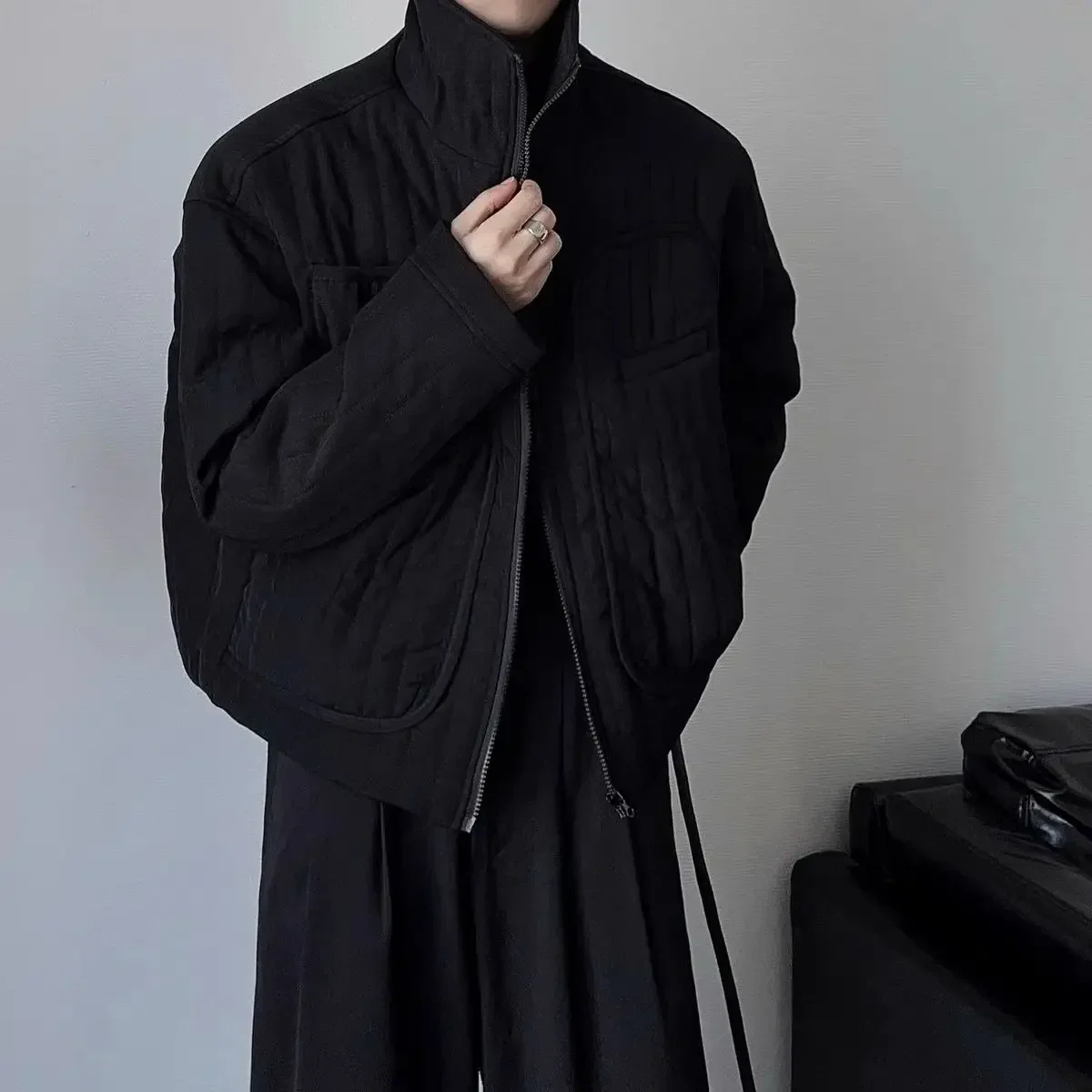 Dark Minimalist Short Cotton Padded Jacket Japanese Winter Men Niche Loose Stand Collar Parkas Yamamoto Light Thin Haughty Coats 4