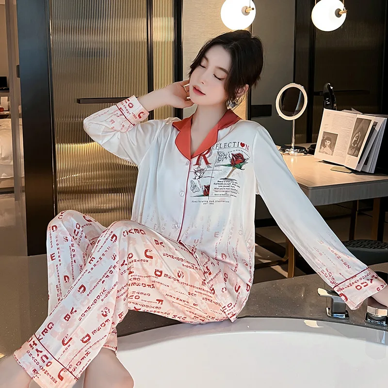 

Spring Summer Women Pajamas Set Sleepwear Sexy Print Letter Nightwear Long Sleeve Trouser Suits Casual Loose Satin Home Clothes