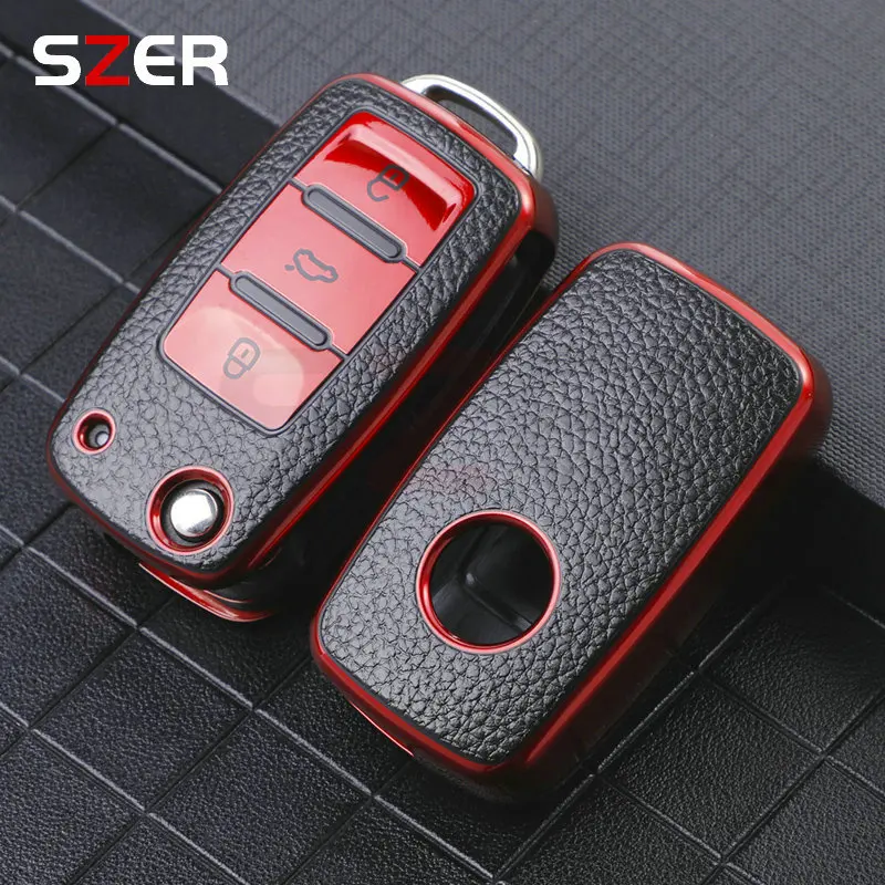 Leather Car Key Case Car Key Full Cover Protection Bag For VW Volkswagen Polo Tiguan Passat Golf Jetta Lavida Skoda Octavia