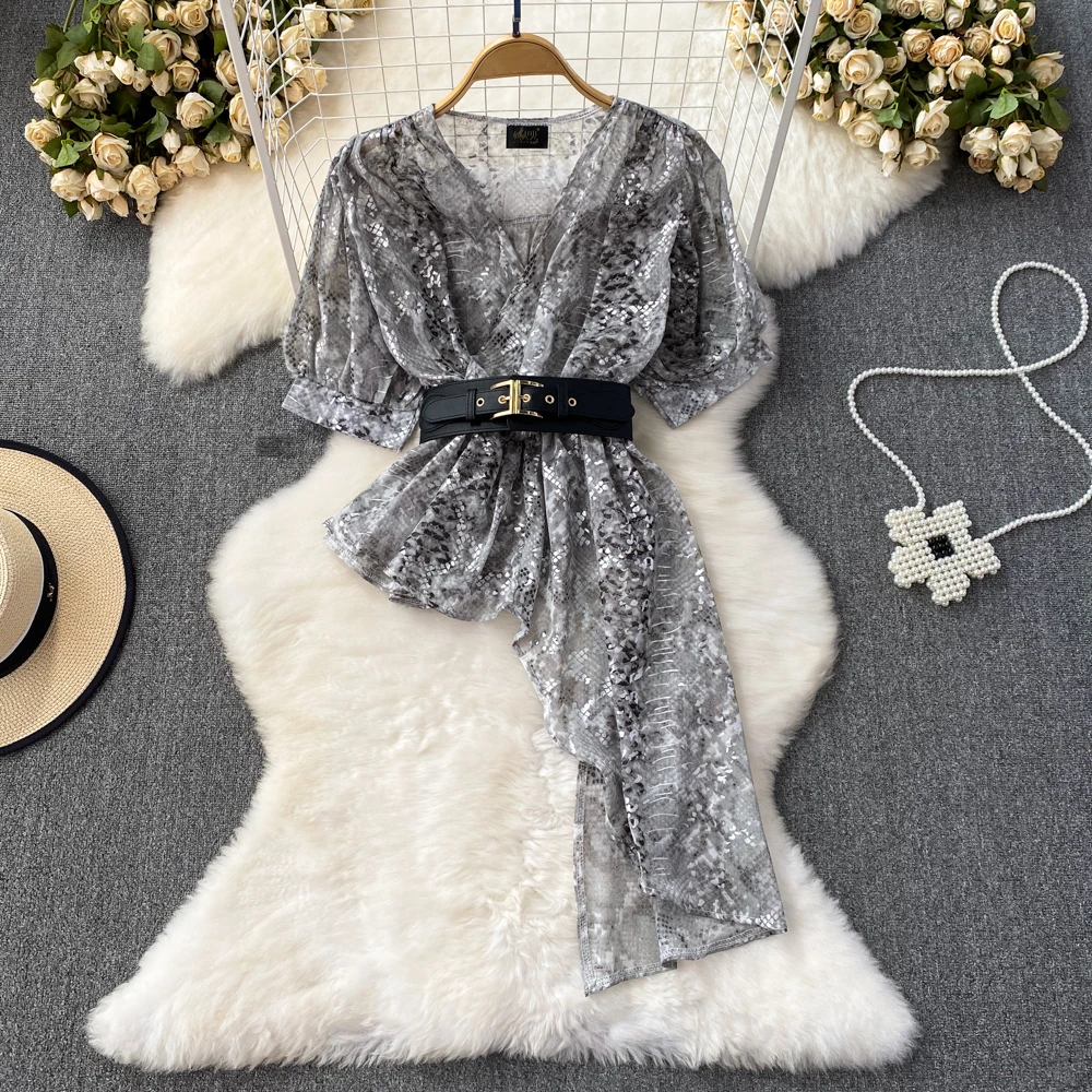 

Clothland Women Stylish Animal Print Asymmetrical Blouse V Neck Short Sleeve Belt See Through Shirt Leopard Tops Blusa DA465