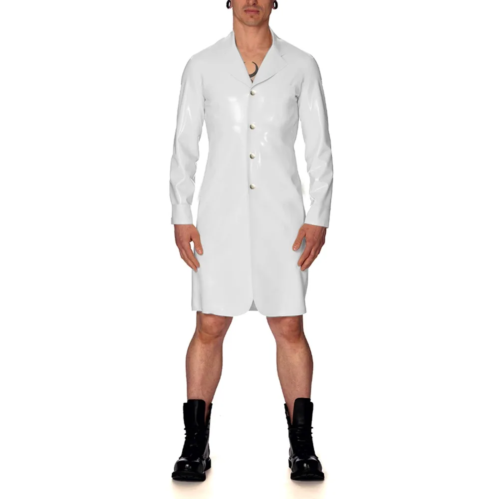 Men Vinyl PVC Leather Lapel Neck Long Sleeve Trench Coat Wetlook Button Up Male Long Jackets Cothic Party Club Cosplay Coats 7XL