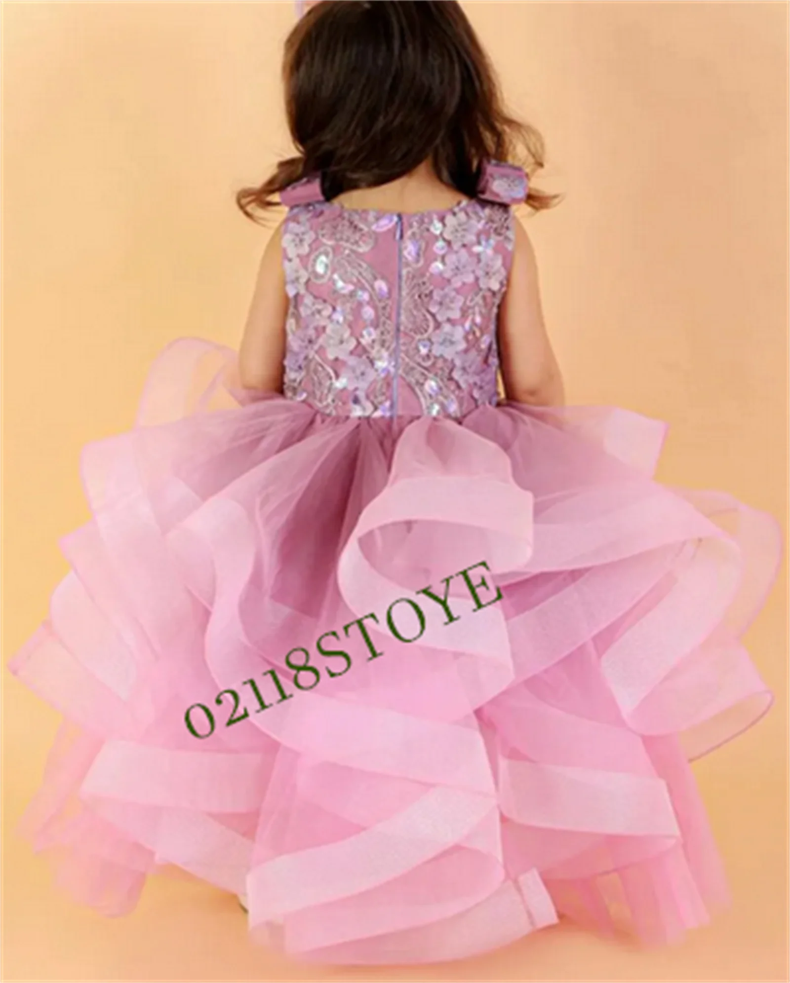 

New Tiered High-Low Gown for Girls Lace Beading Flower Girl Dress for Wedding Kid Pageant Gown Birthday Dress