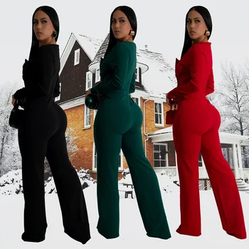 European and American fashion women's clothing long-sleeved arm-wrapped trousers slim-fitting solid-color jumpsuits