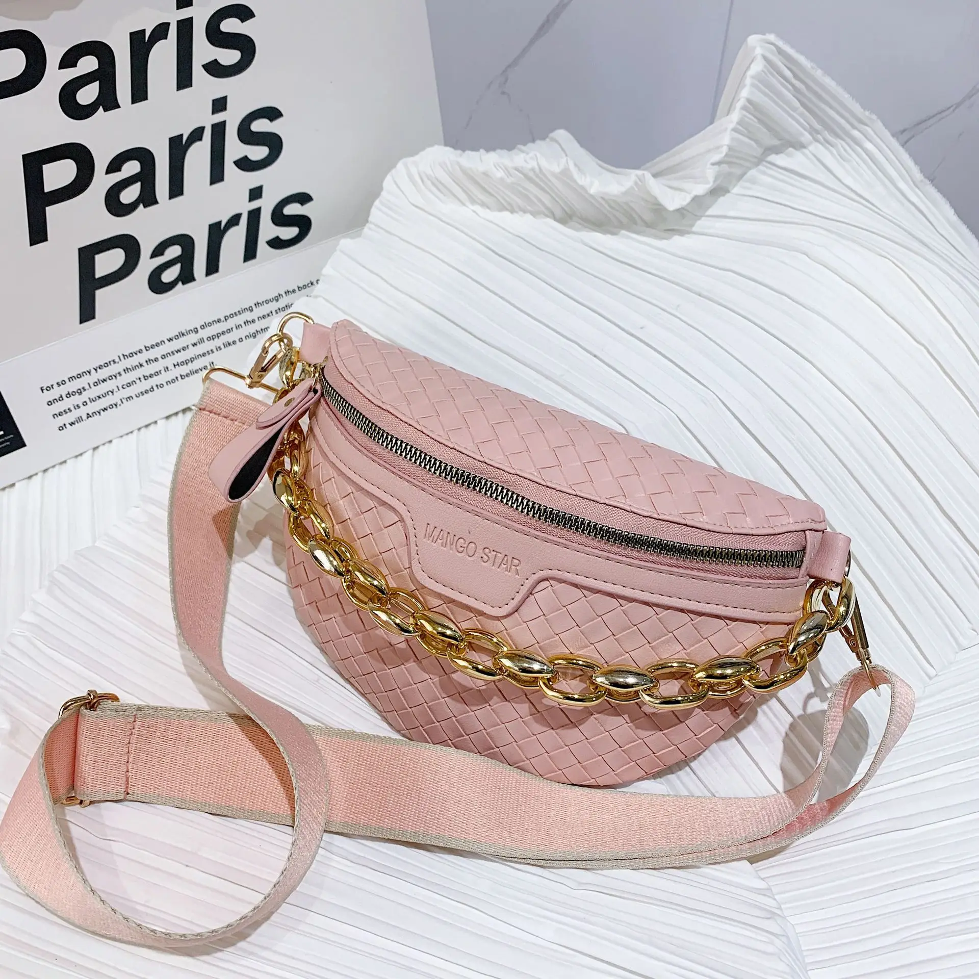 Thick Chain Women's Fanny Pack Plaid leather Waist Bag Shoulder Crossbody  Chest Bags Luxury Designer Handbags Female Belt Bag (Black)