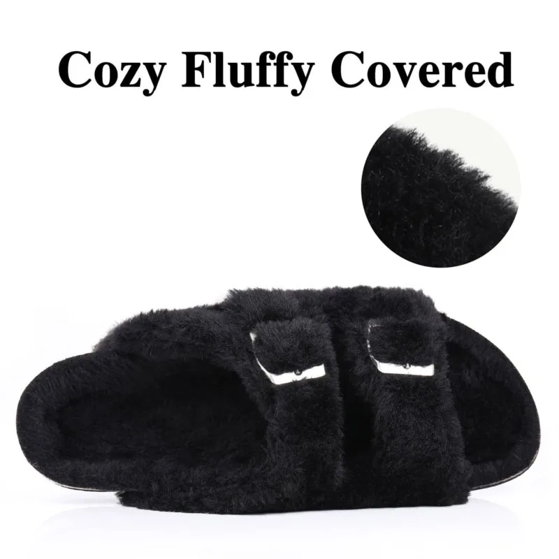 Women Fuzzy Slippers with Arch Support and Adjustable Buckles