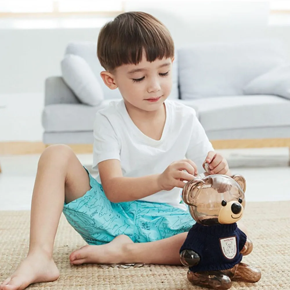 

Transparent Plastic Piggy Bank for Children, The Little Bear, Boy's and Girl's Change Box, Child's Drop Proof Coin