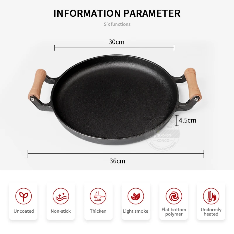 Gietijzeren braadpan met grillpan, 27 cm, massief houten handvat, voor