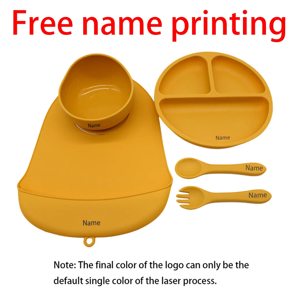 5-Piece Children's Tableware Set with Free Name Printing Personalized Silicone Tableware—Unique Gifts for Boys and Girls.