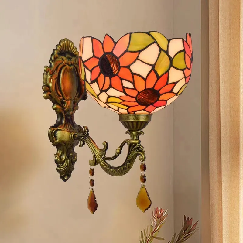 

European flower wall light Baroque Stained Glass Lampshade tiffany lamp Pyramid Art Bedside Lighting bedroom decorations light