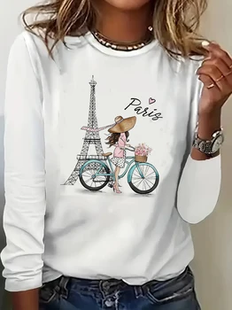 Long Sleeved Top Y2k Paris Girl with Bike T Shirt Women's Casual Long Sleeve T-Shirt Crew Neck Top Tee Tshirt 1