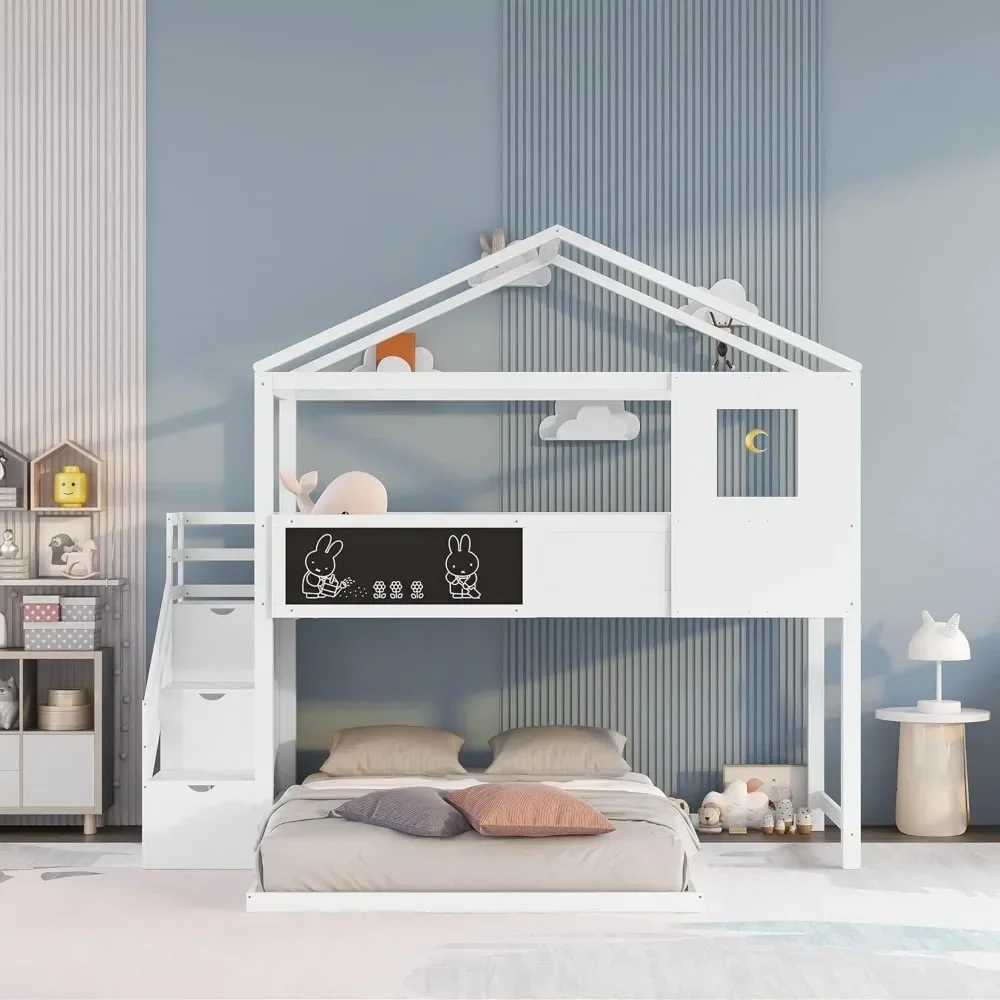 Twin Over Full House Bunk Bed with Blackboard and Storage Staircase,Wood Kids Bunk Bed with Roof and Safety Guardrails Beds 4