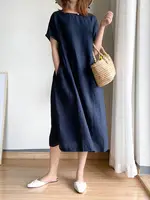 Loose Fit round Ne Linen Dr ort Sve Summer Thin A-Line Midi Dr Commute Sle High Waist Soft Medium Summer Dr - Image 3
