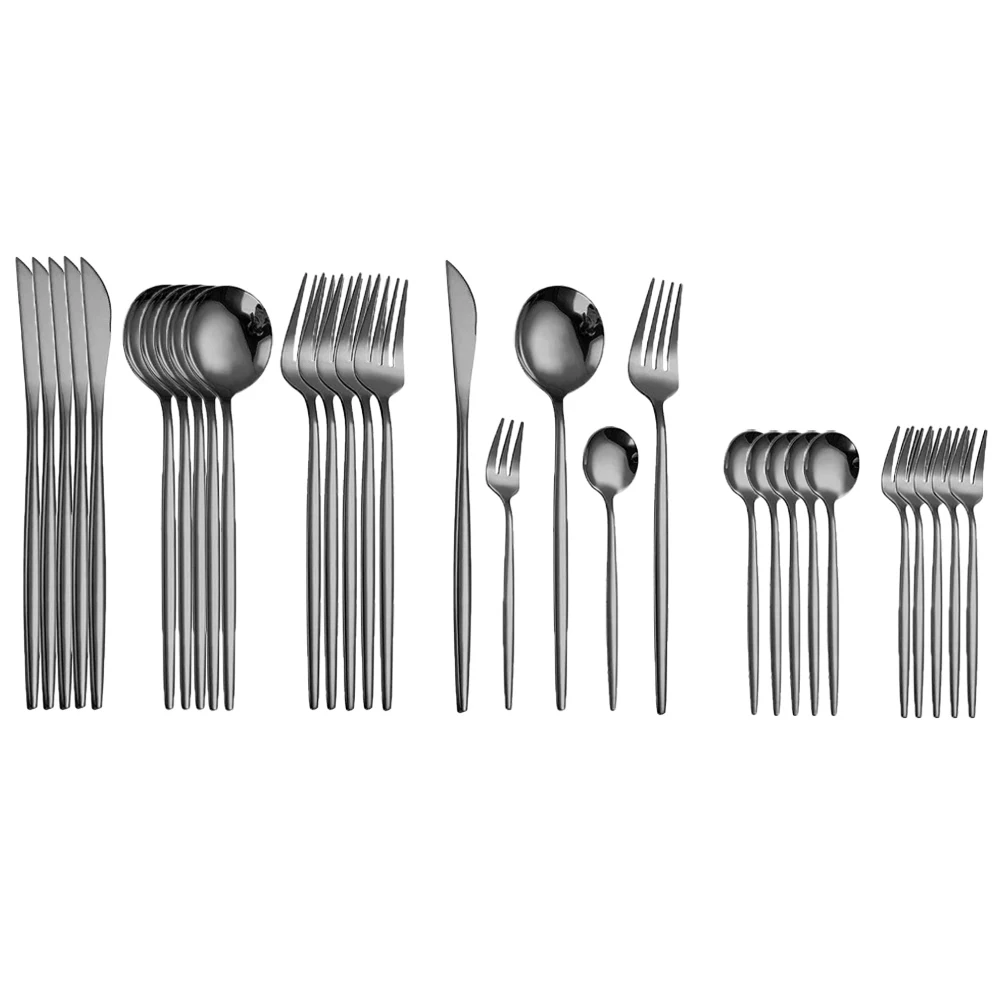 

30Pcs Dinnerware Stainless Steel Cutlery Set Black Knife Tea Fork Spoon Home Western Table Dinner Silverware Tableware Gift