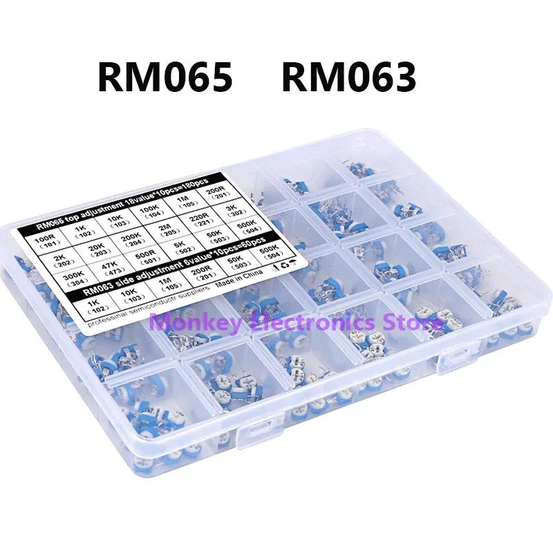 240PCS RM063/RM065  Adjustable Potentiometer Blue White Mixed Pack Vertical/Horizontal 24value*10pcs 100R 500R 220R 1K 10K 100K