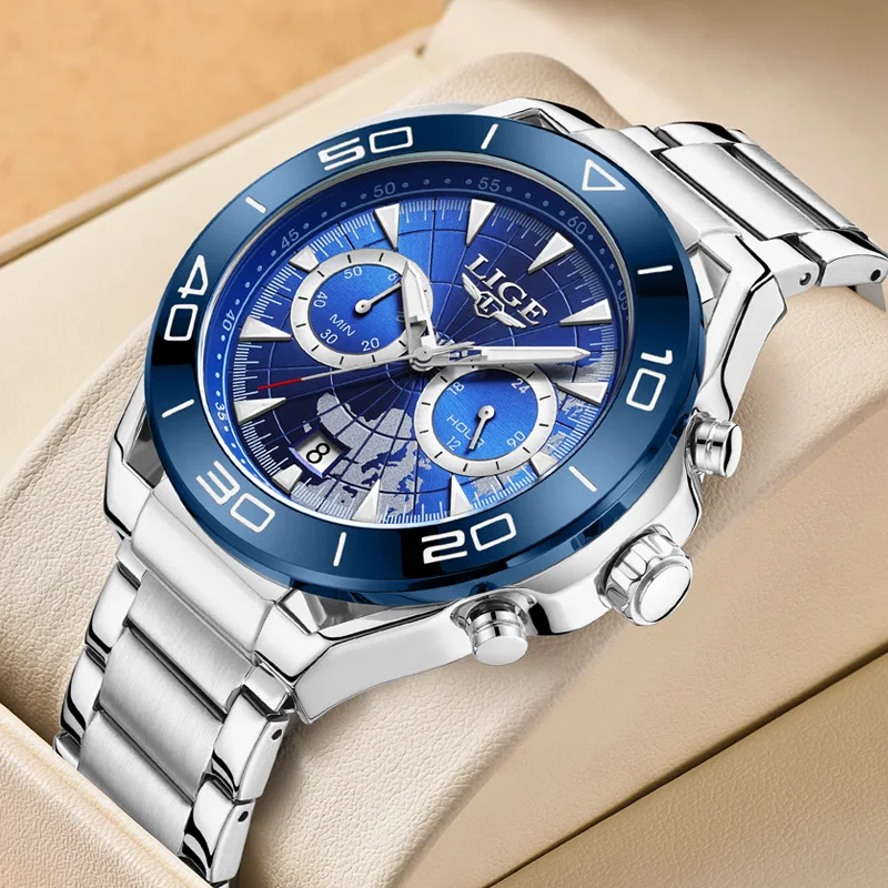 

LIGE Blue Sea Dial Man Watch Top Brand Luxury Business Quartz Wristwatch Stainless Steel Luminous Chronograph Watches Mens Clock