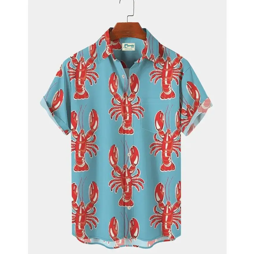 Shirt men's HD crayfish printed pattern leisure outdoor sports party soft and comfortable blossoming top 2024 new style