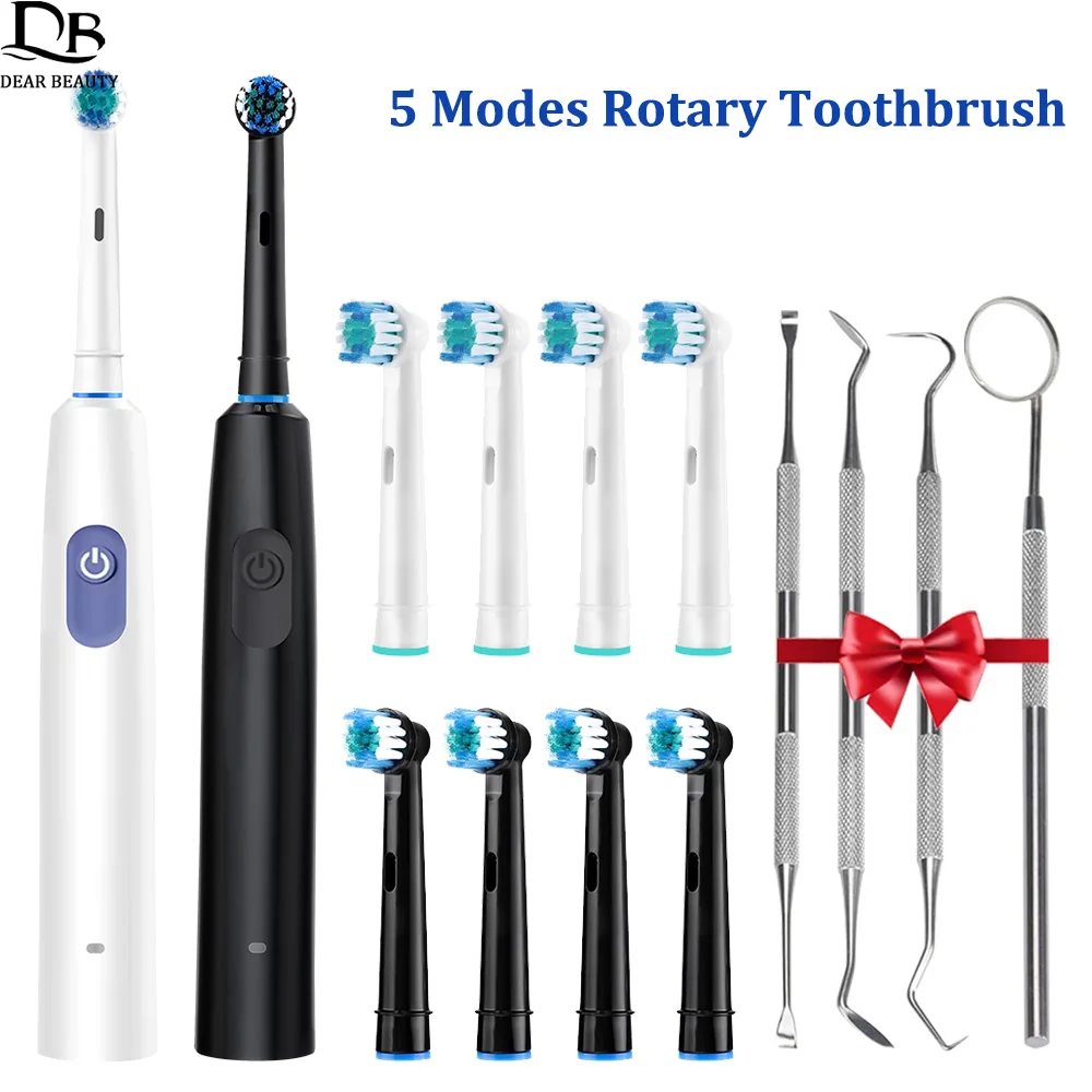 Rotary Electric Toothbrush Adult 5 Modes Rechargeable Rotation Tooth Brush With Gift Brush Heads Dental Tools Oral Care Set