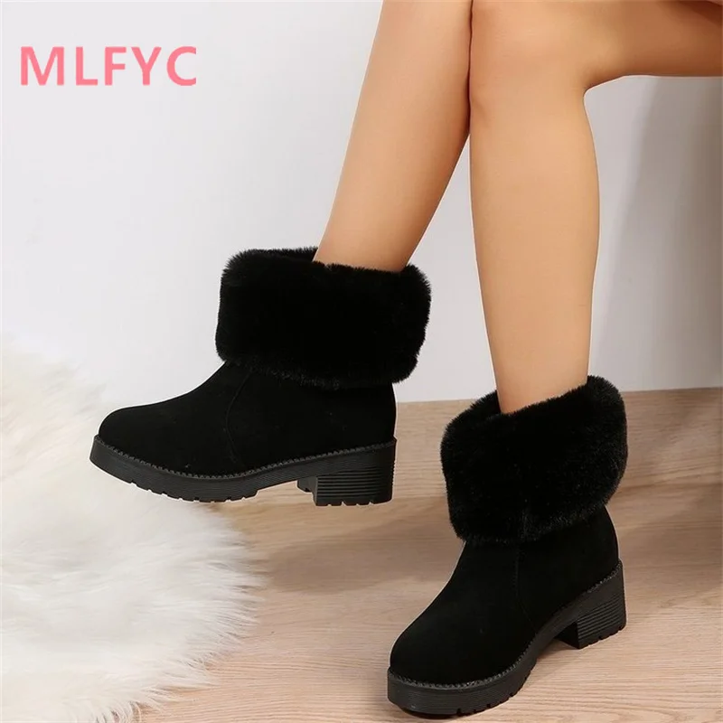 Large New Winter Low Barrel Snow Boots Thick Heel Thickened plush Warm Cotton Shoes Women's Heel Round Toe Boots