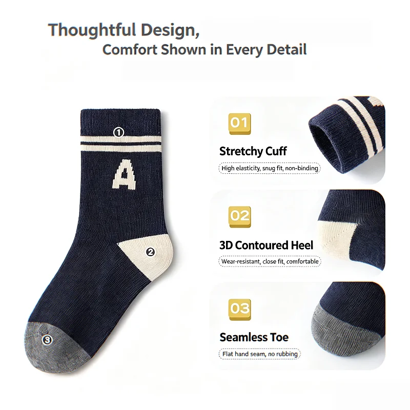 5 Pairs Kids' Socks Spring Autumn Cotton Socks Soft Breathable Crew Socks Little Big Boys Crew Sock