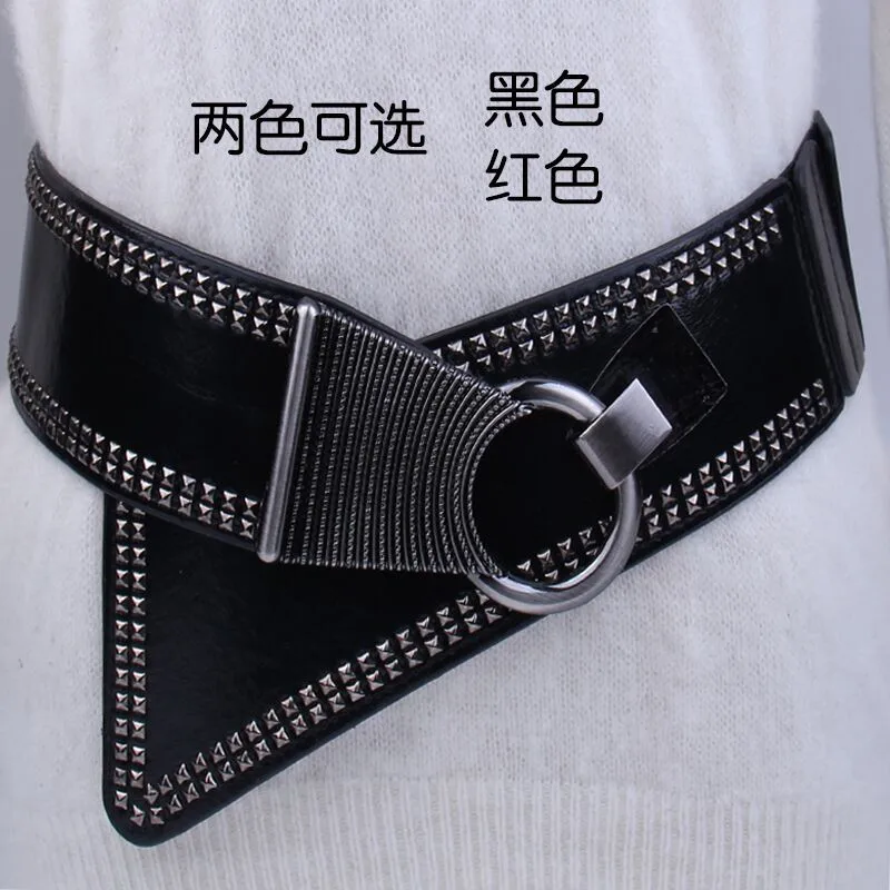 

Ladies Oblique Wide Waist Seal Black Fashion Rivet Punk Style Versatile Wide Belt With Dress Elastic Decorative Belt
