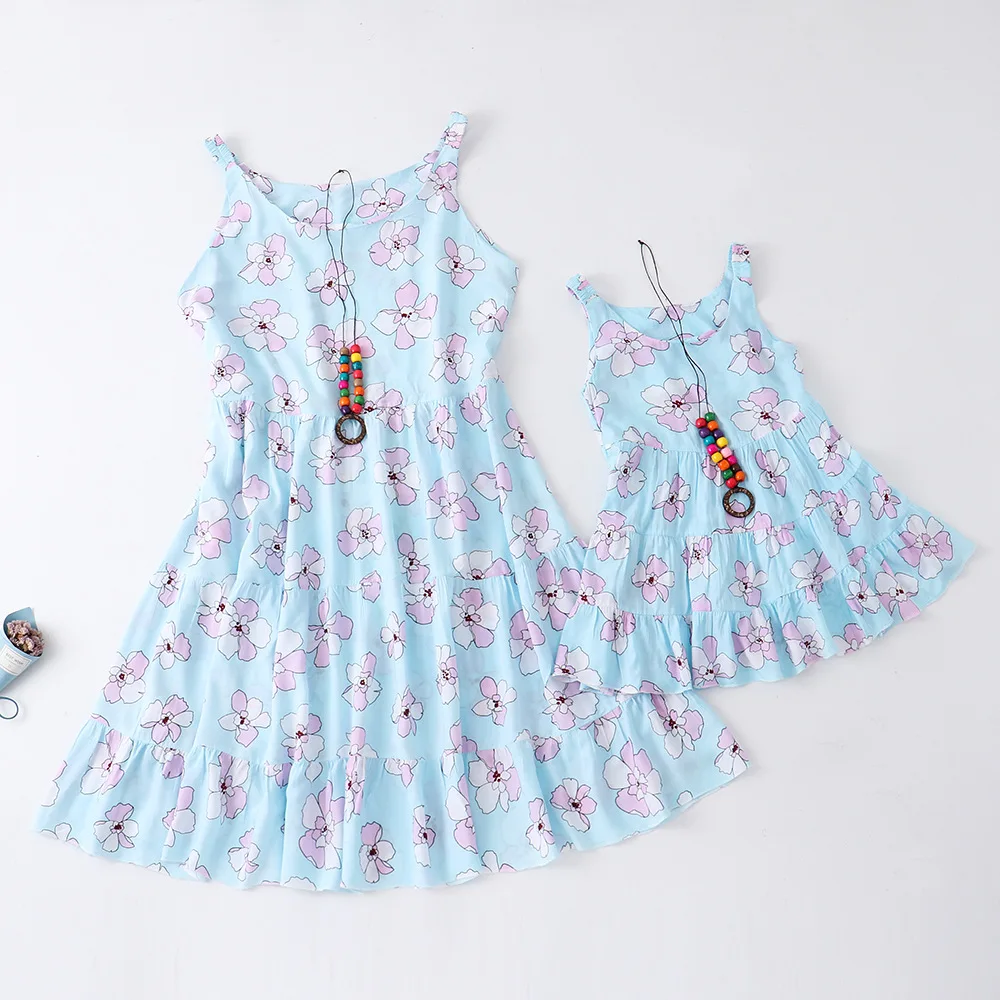 Mother Daughter Matching Dresses Family Look Mommy and Me Clothes 2023 Summer Women Girls Outfits Flower Printed Dress 2