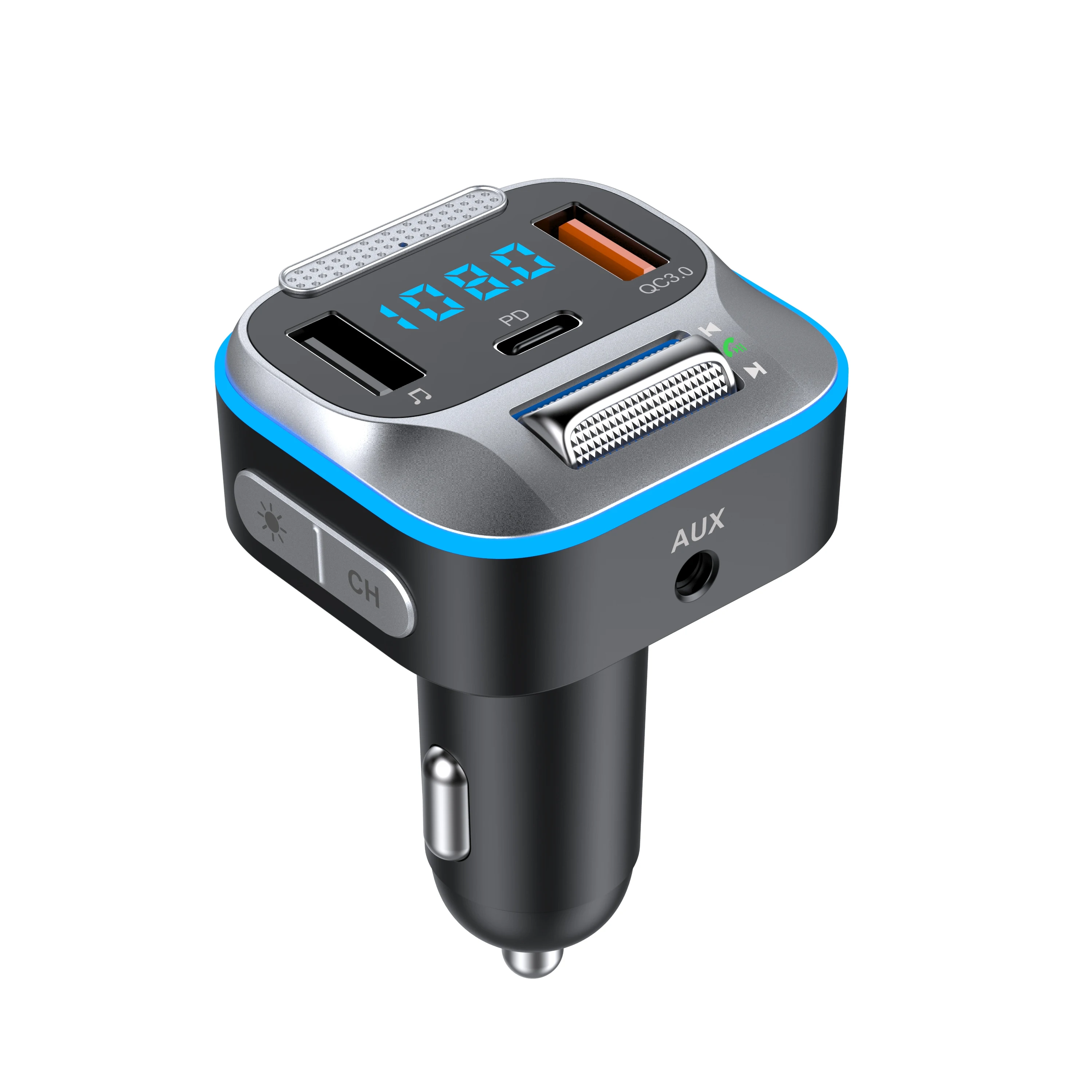 차량용 고속 충전기 FM 송신기 무선 5.0 블루투스 핸즈프리 MP3 플레이어, PD C타입 QC3.0 USB LED 조명, T73