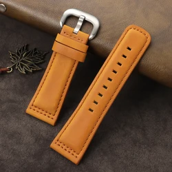 Vintage Crazy Horse Leather Watch Strap - Premium Top Grain Cowhide with Black Silver Clasp, 28mm - With black buckle (Light Brown)