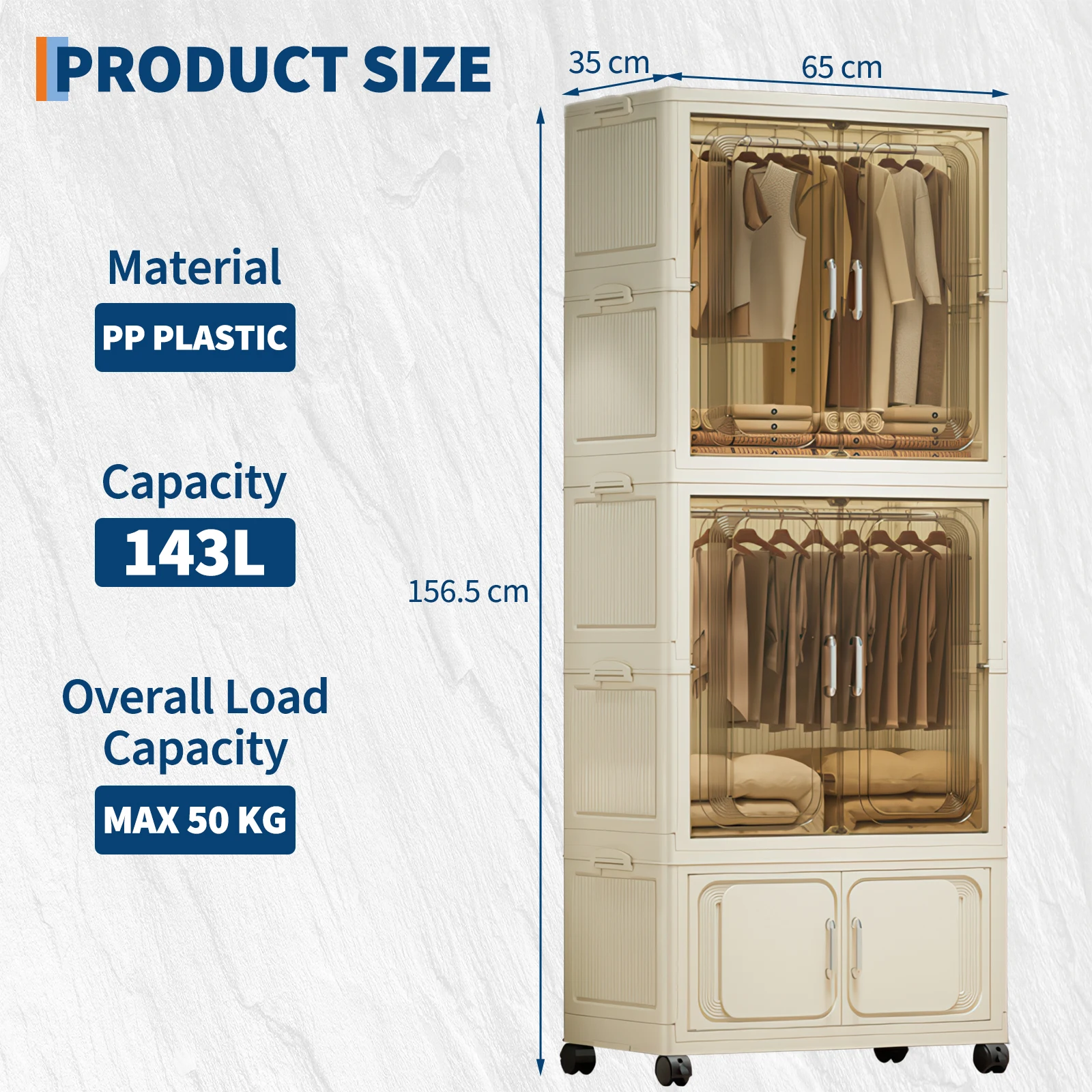 Zusammenklappbarer Kleiderschrank Großer Tragbarer Schrank Faltbarer Plastik-Kleiderschrank mit Kleiderstange und Magnetischen Türen auf Rollen – Detail 7