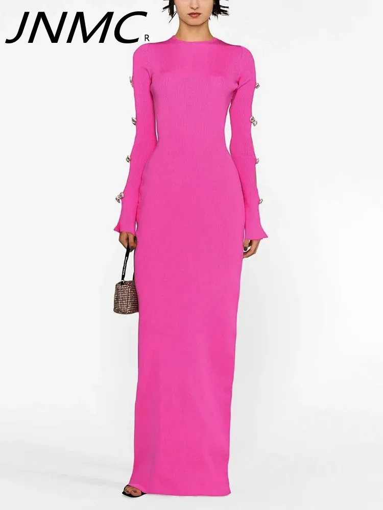 

JNMC New Hot Pink Sparkling Bow Hollow Out Design Bandage Long Dress Sexy Backless Flare Long Sleeve Bodycon Party Vestido