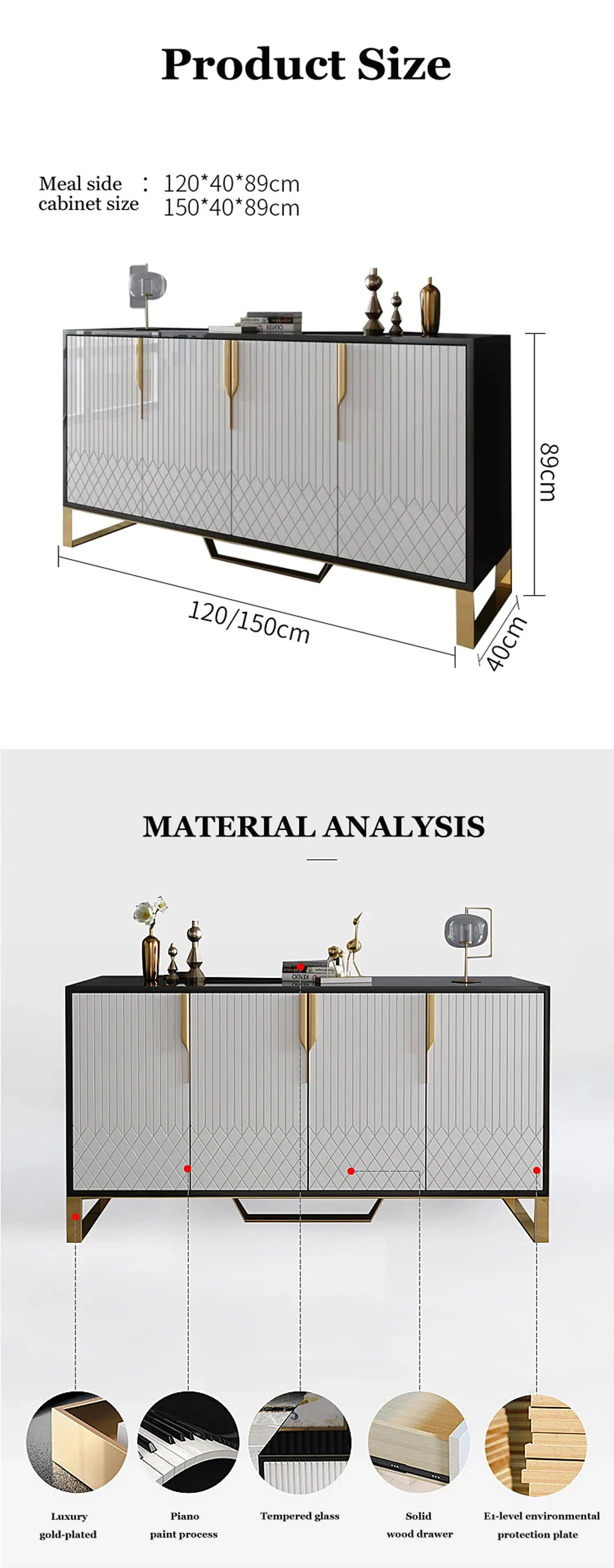 Modern Stainless Steel Foot Tempered Glass Top Wooden Console Table Luxury 4 Drawers Storage Cabinet Dining Room Sideboard