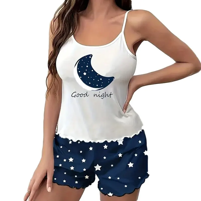Women pajama suit 2 PCS Short-Sleeved Shorts Blue Moon Star Print Ventilate Soft Comfort Home Leisure