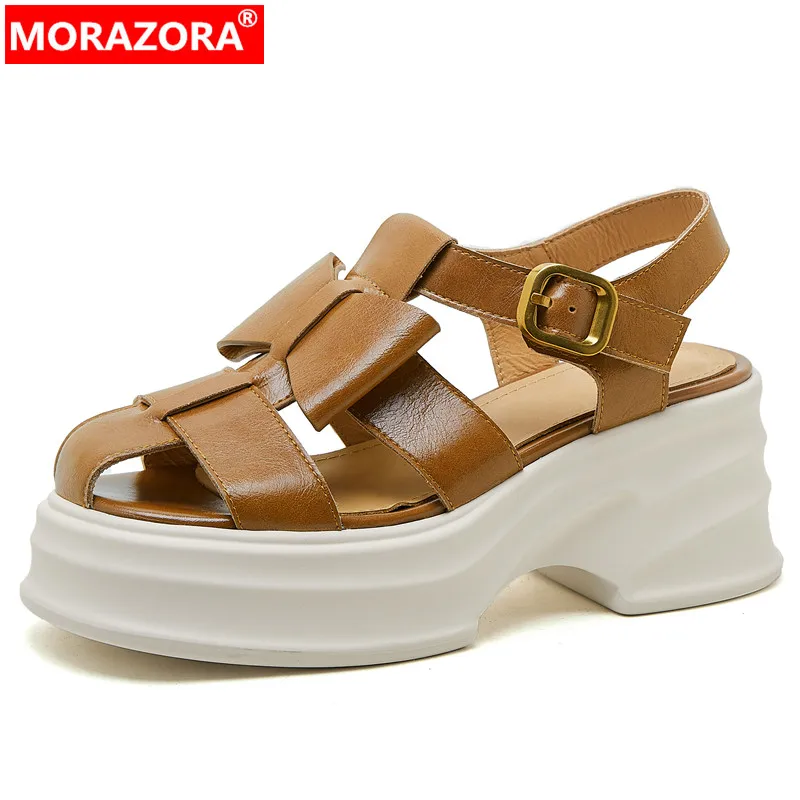 

MORAZORA 2024 New Genuine Leather Platform Women Sandals Butterfly Knot Ladies Dress Shoes Buckle Thick High Heels Sandals