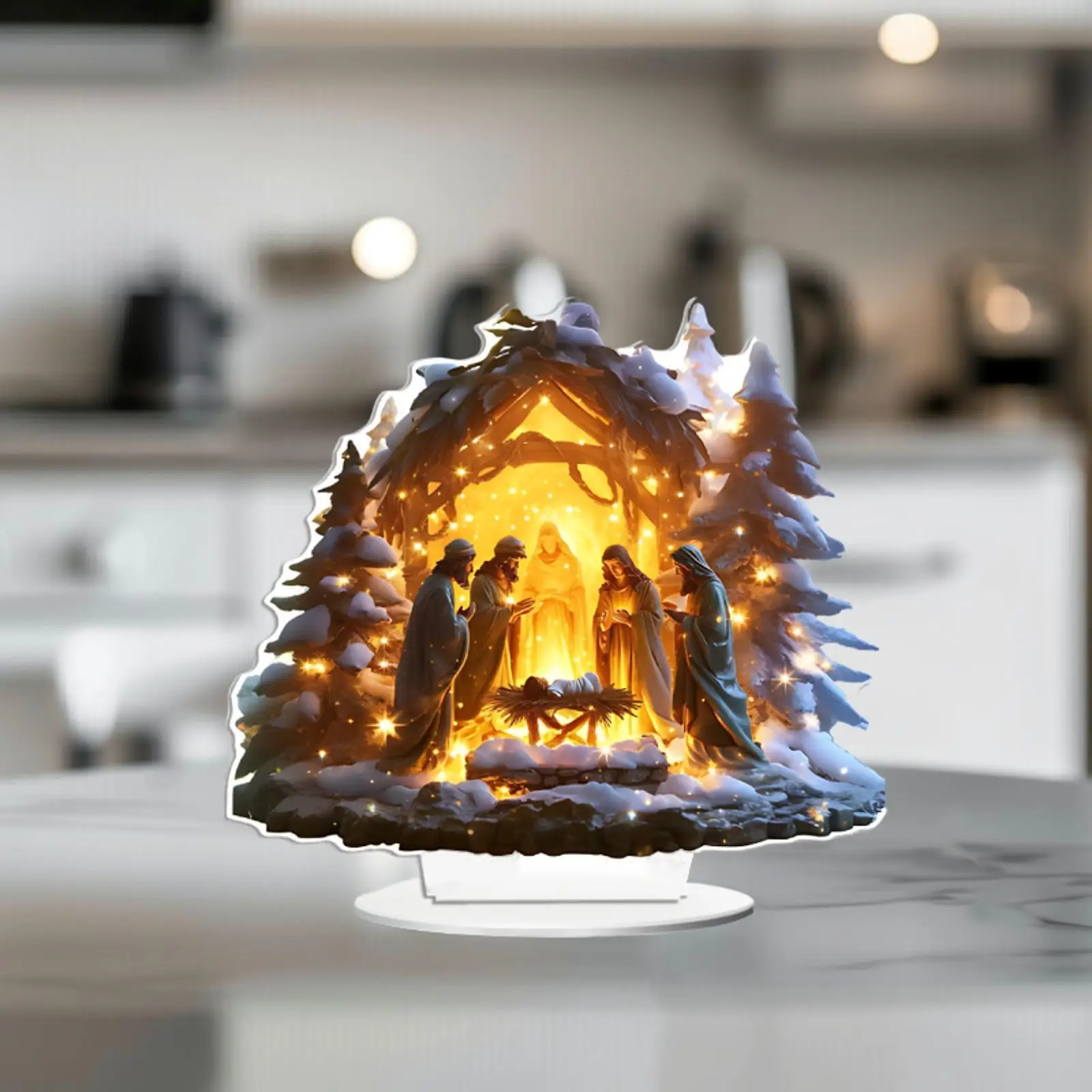 Christmas Nativity Scene Figurine Acrylic Statue Collectible Snow House Decorative Holy Family Table Ornament for Holiday
