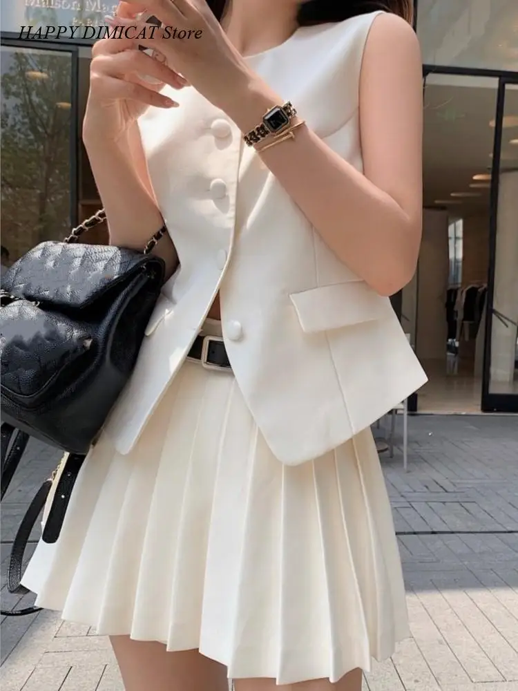 Wide Leg Pants Suits Y2k Casual Outfits Korean Fashion Summer Pleated Skirt 2 Piece Set Women Elegant Sleeveless Button Tops