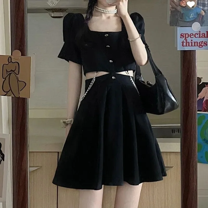 

Gothic Girl's Gothic Sexy Black Short Dress Sweet Cool Little Black Dress Design Hollow Waist French Small Square Collar Dress