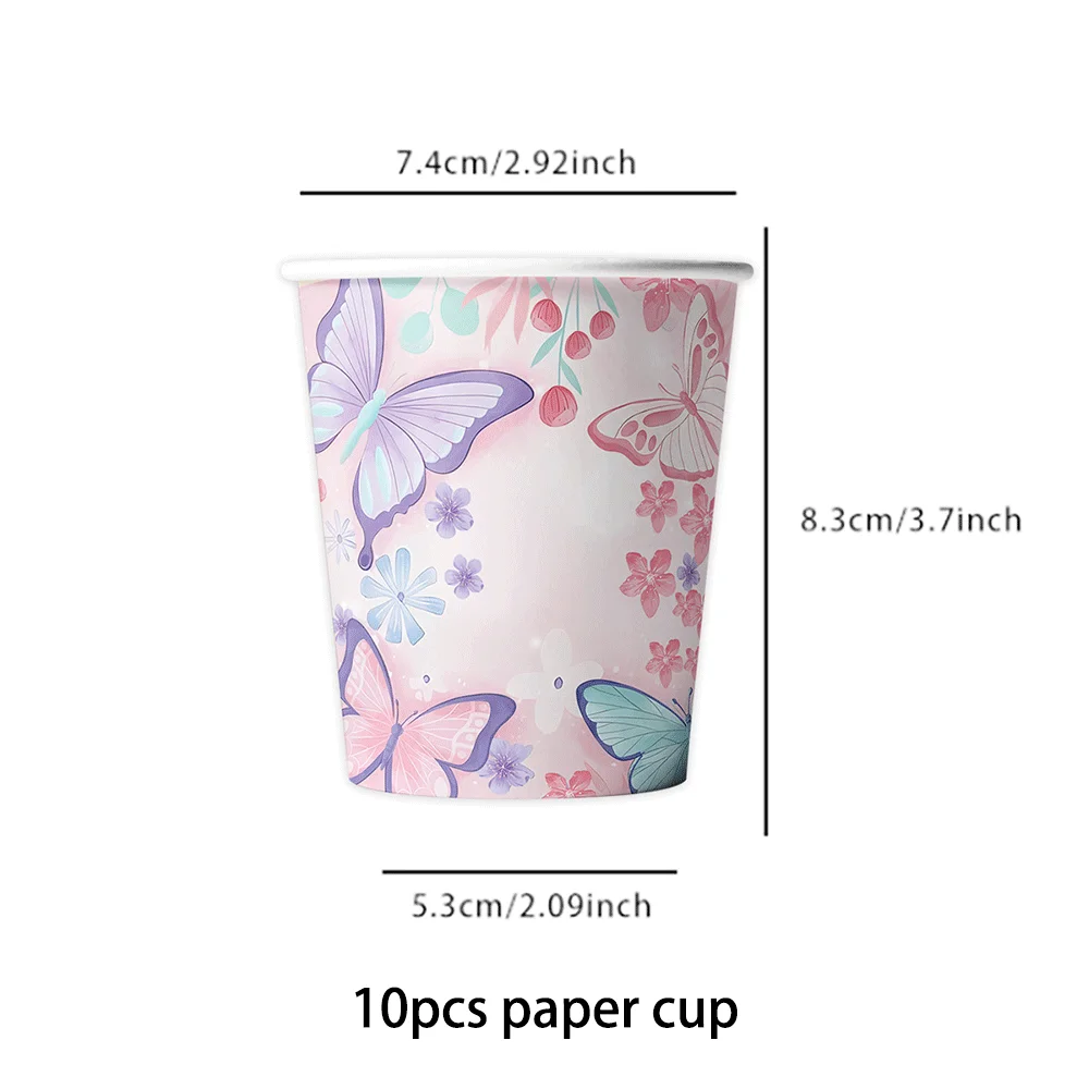 Rosa Schmetterling Themen-Party-Set Pappteller Becher Servietten Tischgeschirr-Set Babyparty-Geschenke Blumenmuster Fröhliche Geburtstagsdekoration – Detail 10