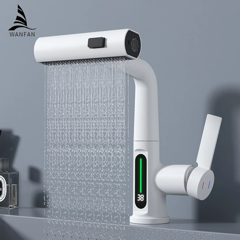 

Waterfall Temperature Digital Display Basin Faucet Lift Up Down Stream Sprayer Hot Cold Water Sink Mixer Wash Tap For Bathroom