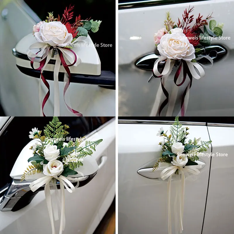Artificial Flower Decoration Outdoor Car Mirror Door Romantic Floral Wedding Decor Ribbon Fake Flower Decoration Supplies 4PCS