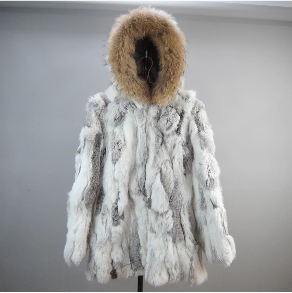 New Real Fur Coat Women Long Rabbit Fur Jacket Windproof Fur