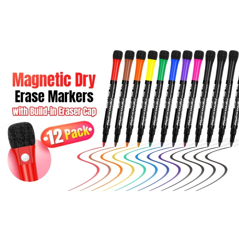 Magnetic Markers Pen Whiteboard Pens 12 Assorted Color Dry Erases Pens Dry Wipe with Erasers for Home School Office