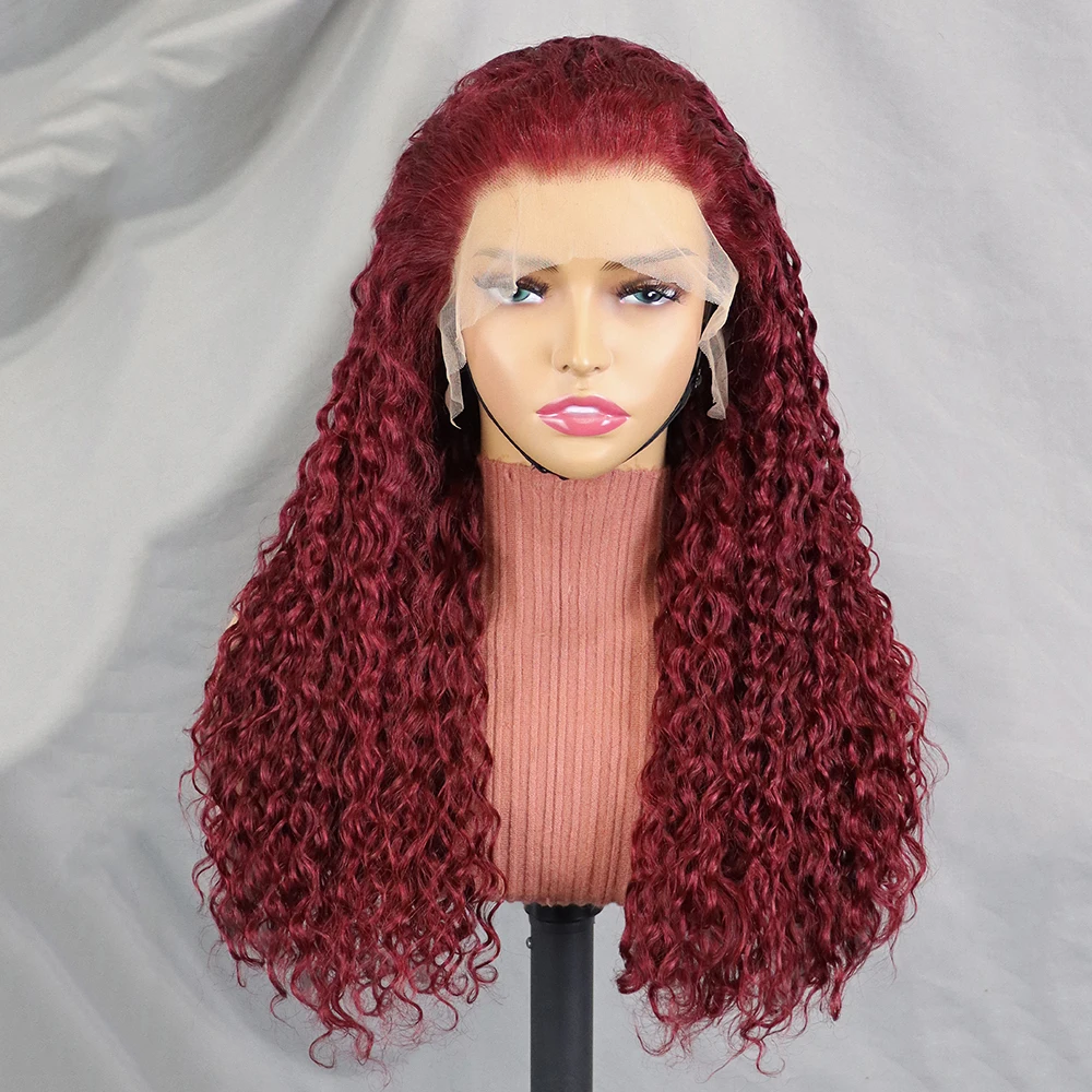 300% 12A Double Drawn Water Wave Curls Curly Human Hair Wig 99J Brown Color 13x4 Lace Frontal Hair Wig for Black Women